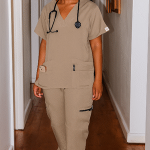 Ladies Neutral Scrub Top with Multiple Pockets