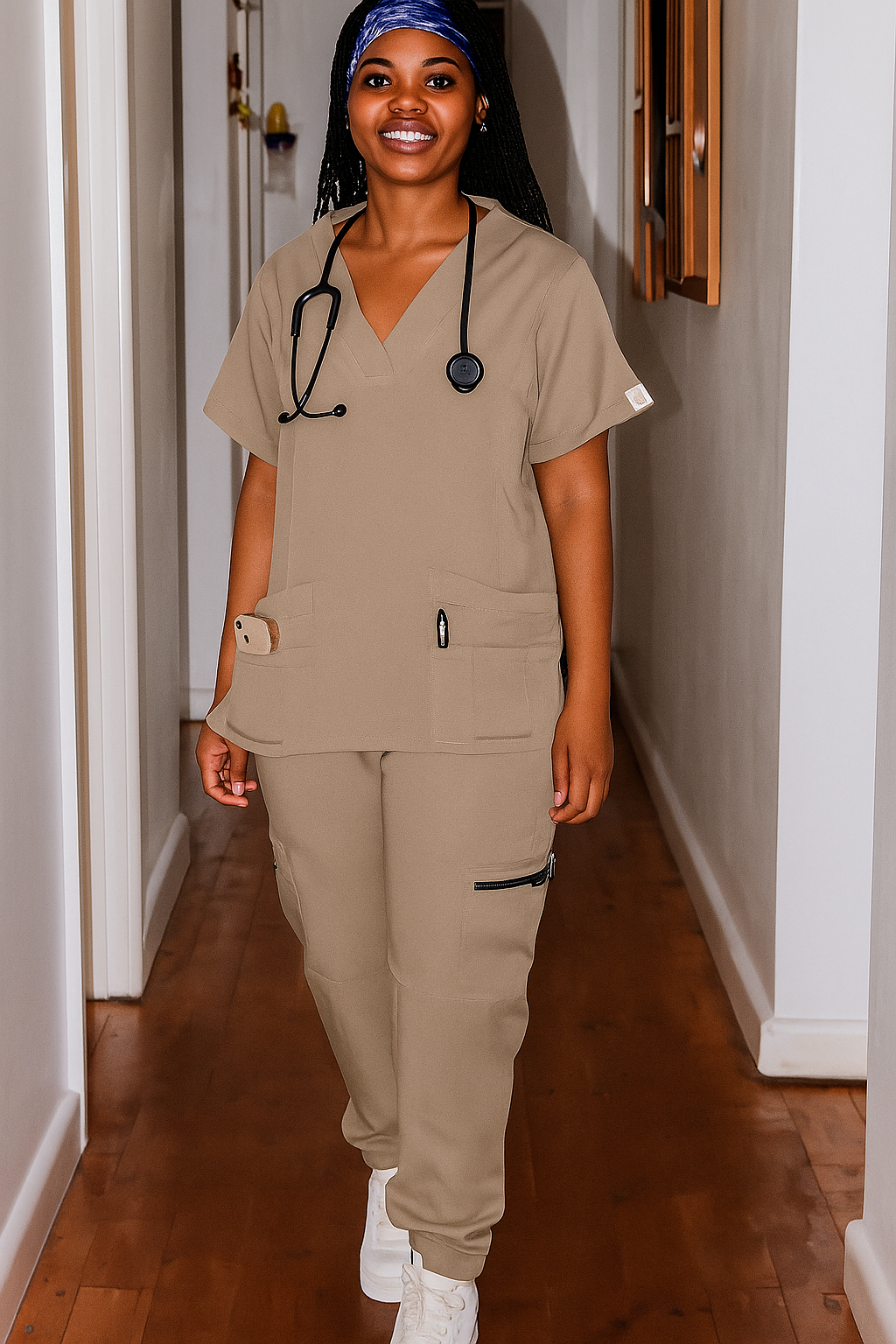 Ladies Neutral Scrub Top with Multiple Pockets