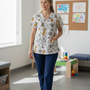 100% Cotton Pediatric Scrub Top – Fun Animal Print | Breathable, Non-Synthetic Medical Scrubs (Womens)